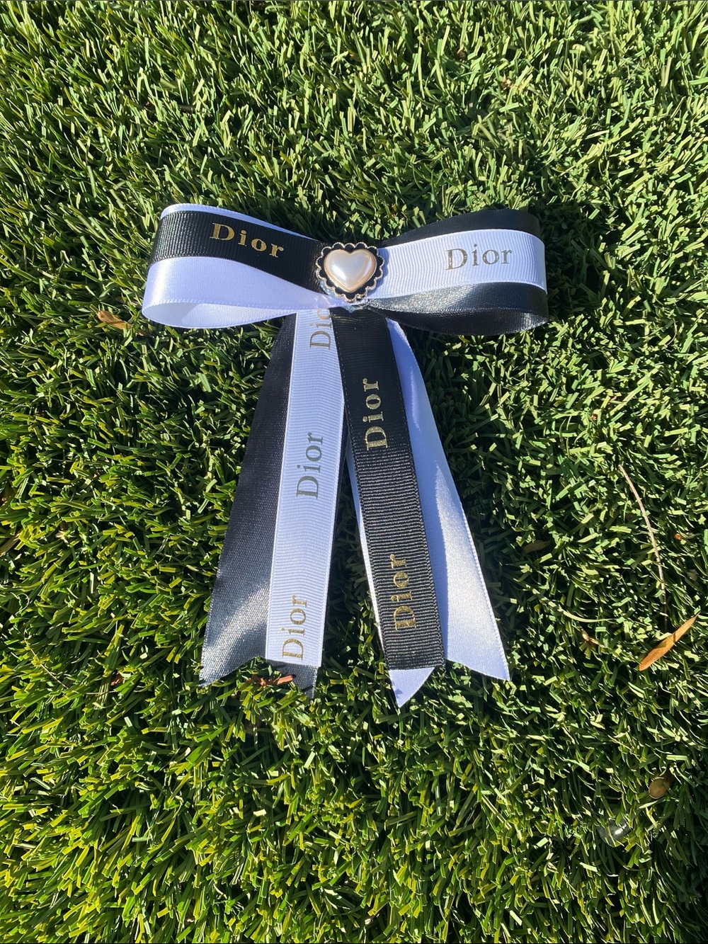 Dior Handmade Black and White Logo Ribbon Bow with Heart Center Hairclip